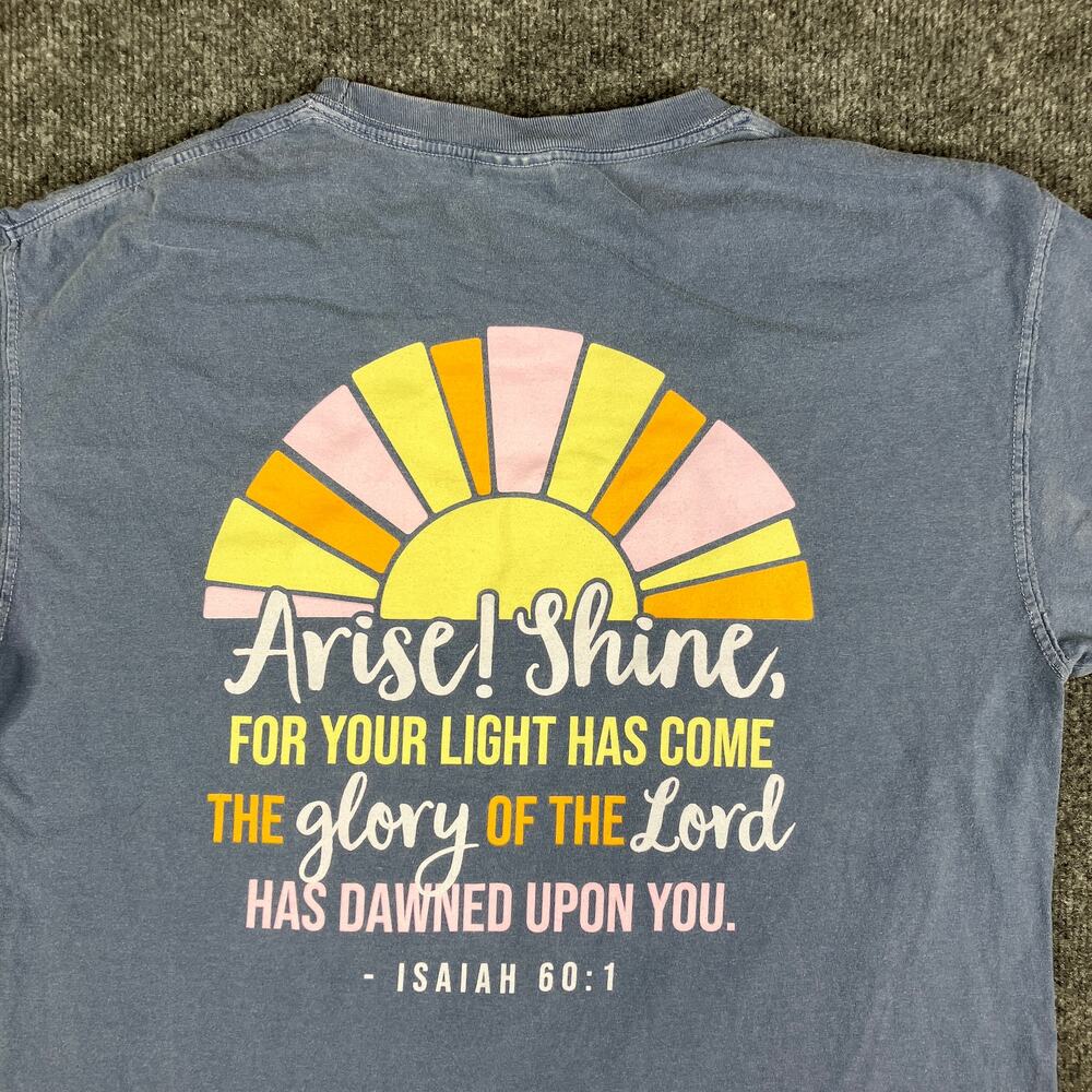 Comfort Colors Women's T-Shirt Size L Blue Graphic Bible Verse Isaiah 60:1